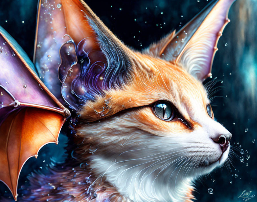 Fantastical creature with fox head, bat wings, orange fur, sharp ears, green eyes