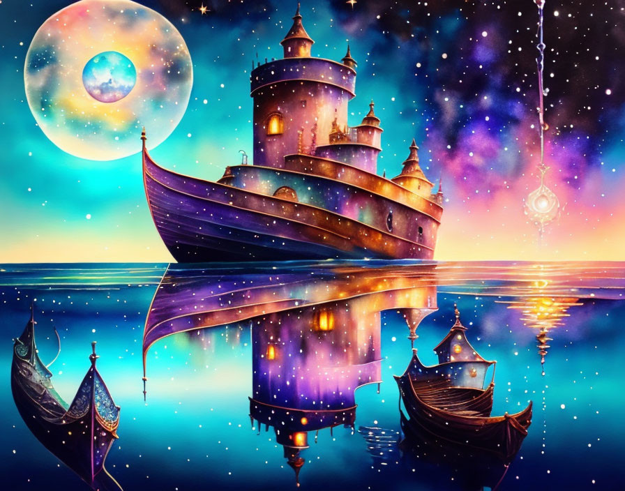 Fantastical floating castle ship on tranquil sea under starry night sky