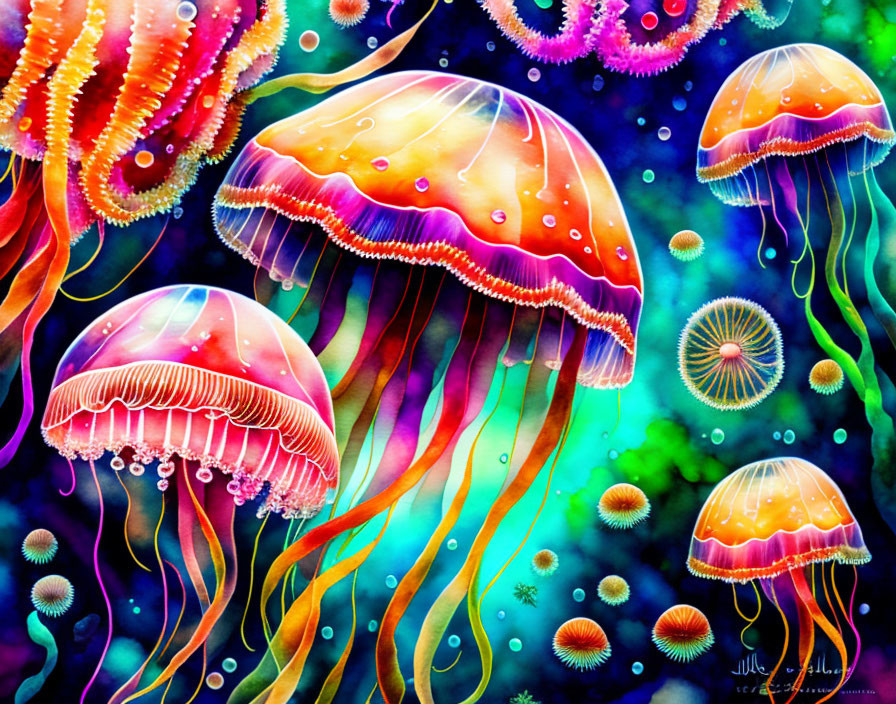 Colorful Jellyfish Illustration in Deep Blue Sea