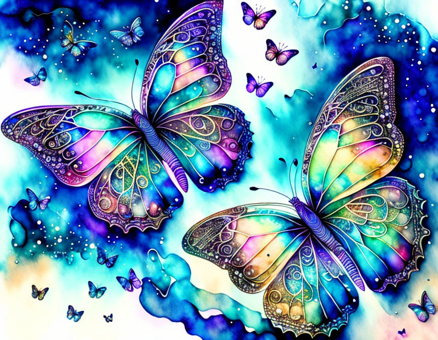 Colorful Watercolor Painting of Iridescent Butterflies in Abstract Setting