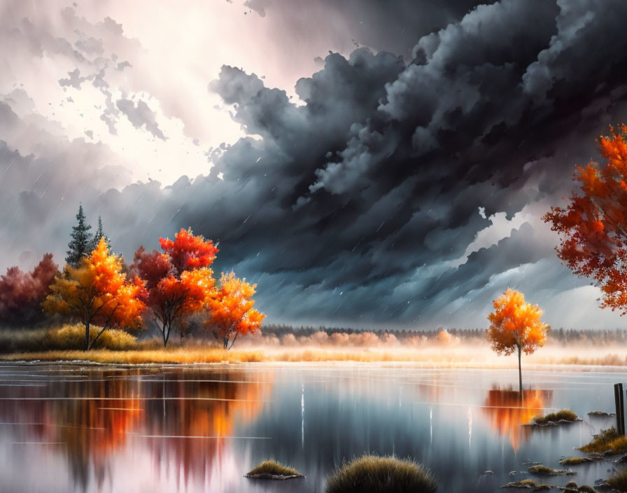 Tranquil lake with autumn trees under stormy sky