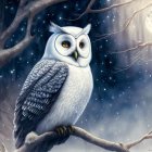 Detailed owl on branch against night sky with full moon & swirl patterns