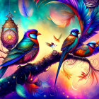 Colorful digital artwork featuring stylized birds and floral elements