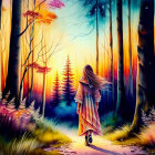 Girl walking on forest path at sunset with stars and mystical lights