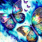 Colorful Watercolor Painting of Iridescent Butterflies in Abstract Setting