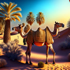 Richly adorned camel caravan crossing desert at twilight