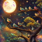 Colorful birds on whimsical tree branches under full moon