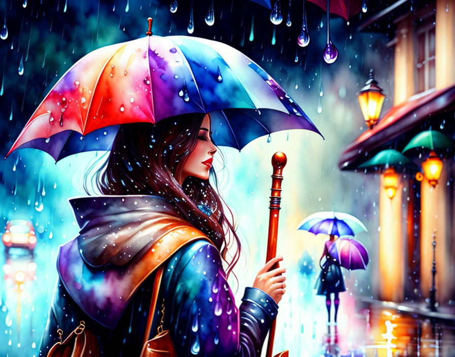 Colorful Umbrella Woman Walking in Rainy Night Cityscape