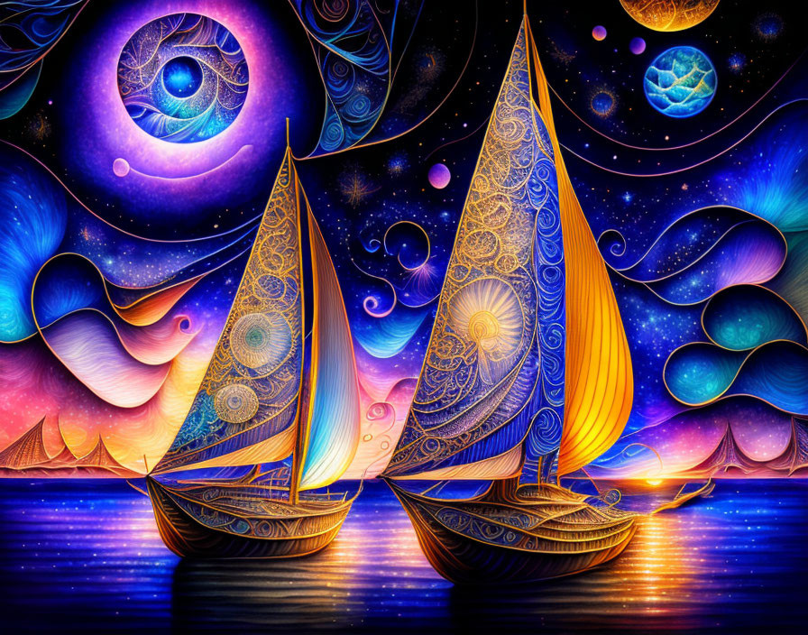 Colorful cosmic art: sailboats on starry sea under eye-shaped galaxy