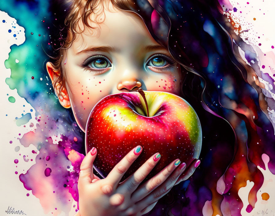 Colorful artwork: Child with blue eyes holding red apple in vibrant setting