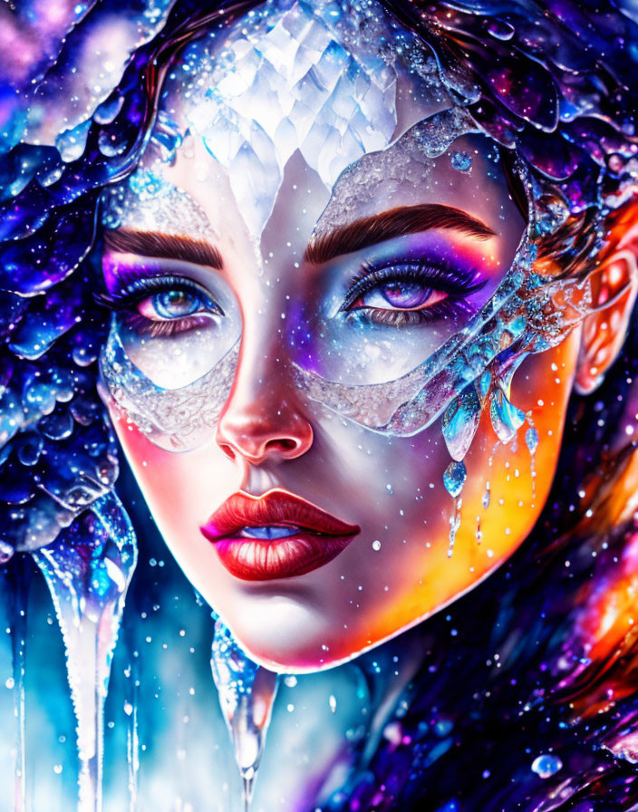 Woman with crystalline headpiece in shimmering aura of blues, purples, and fiery orange