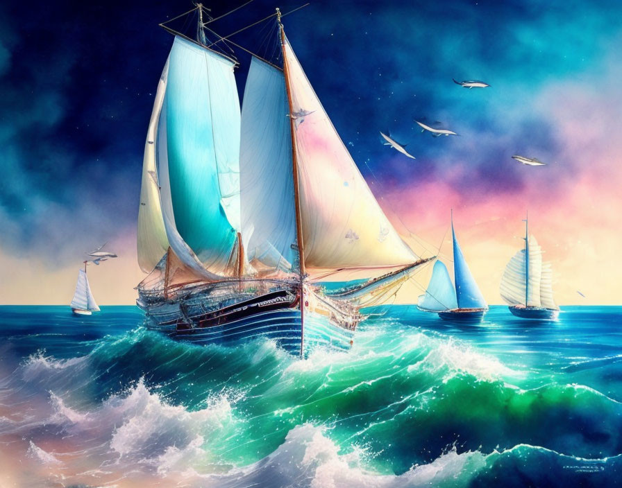 Colorful sailboats on choppy seas under surreal sky with soaring seagulls