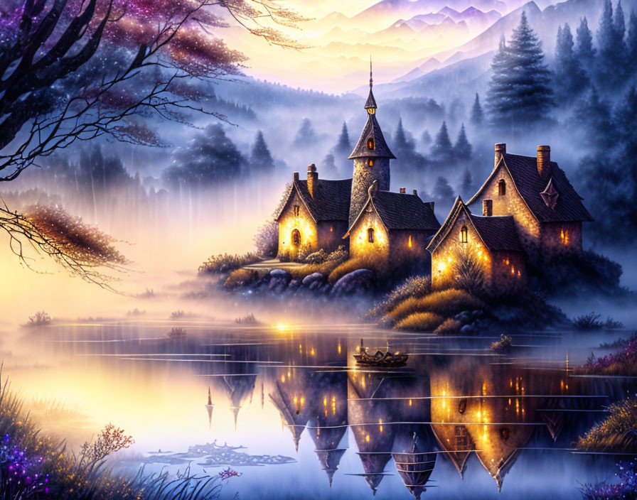 Twilight fairy-tale cottage by misty lake with mountains