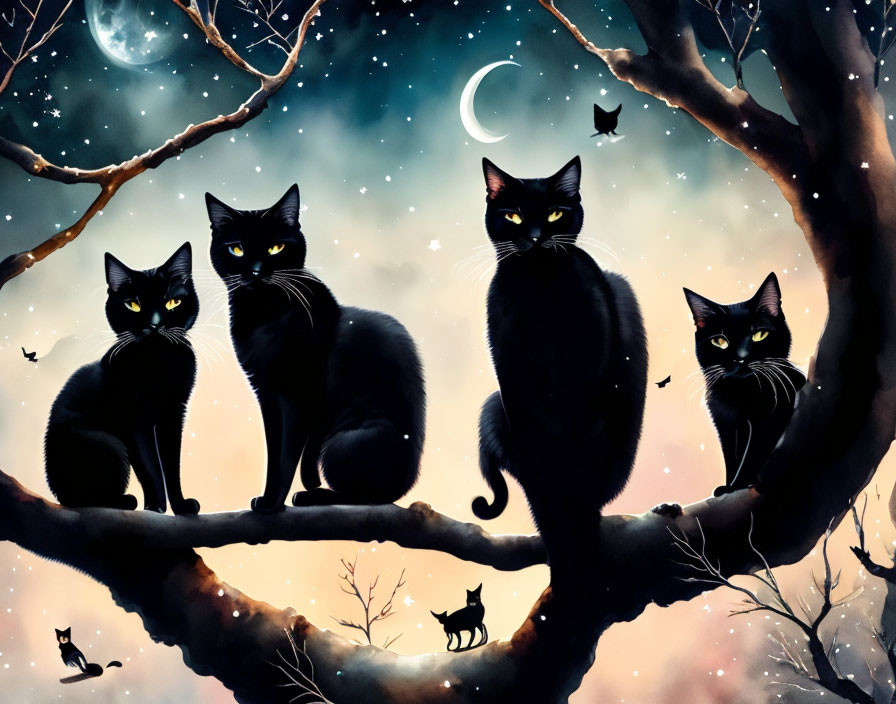 Five Black Cats with Yellow Eyes on Tree Branch Under Crescent Moon