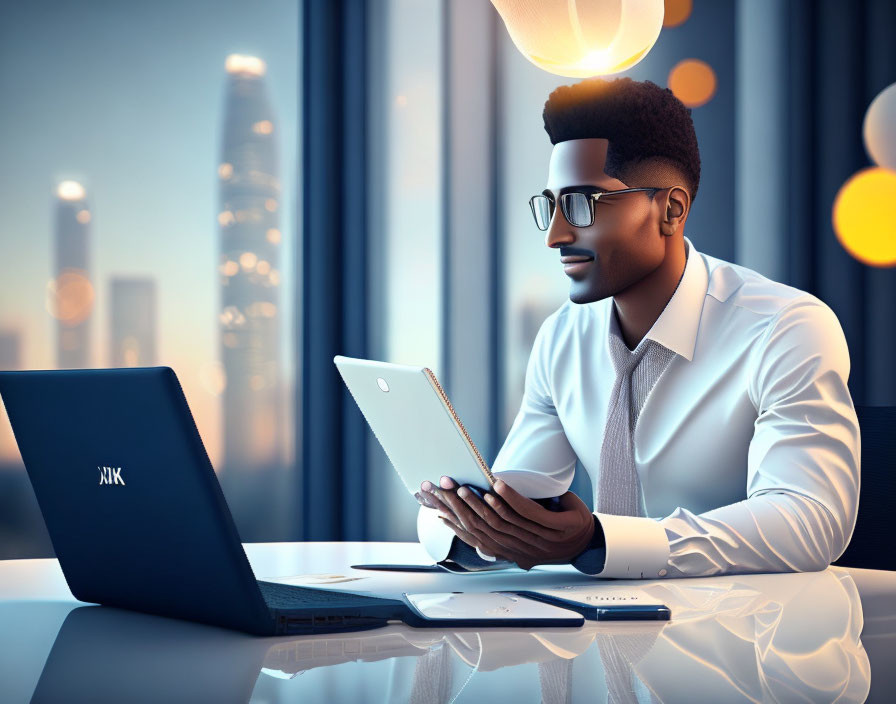 Professional man in modern office with tablet and laptop, cityscape backdrop