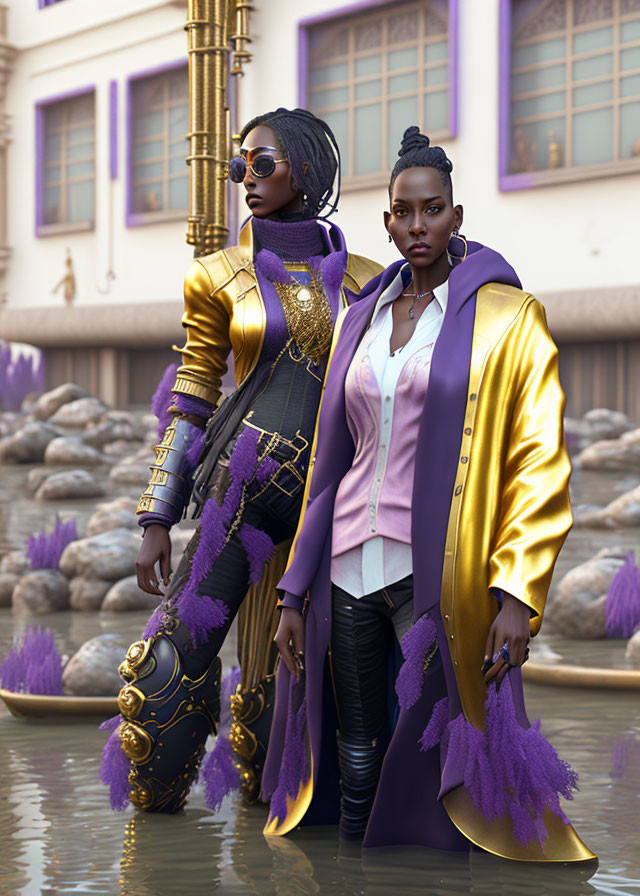 Stylish women in purple and gold outfits against elegant building backdrop