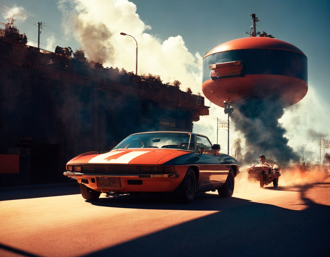 Classic Car with Racing Stripes on Sunlit Road and Burger Shop Sign