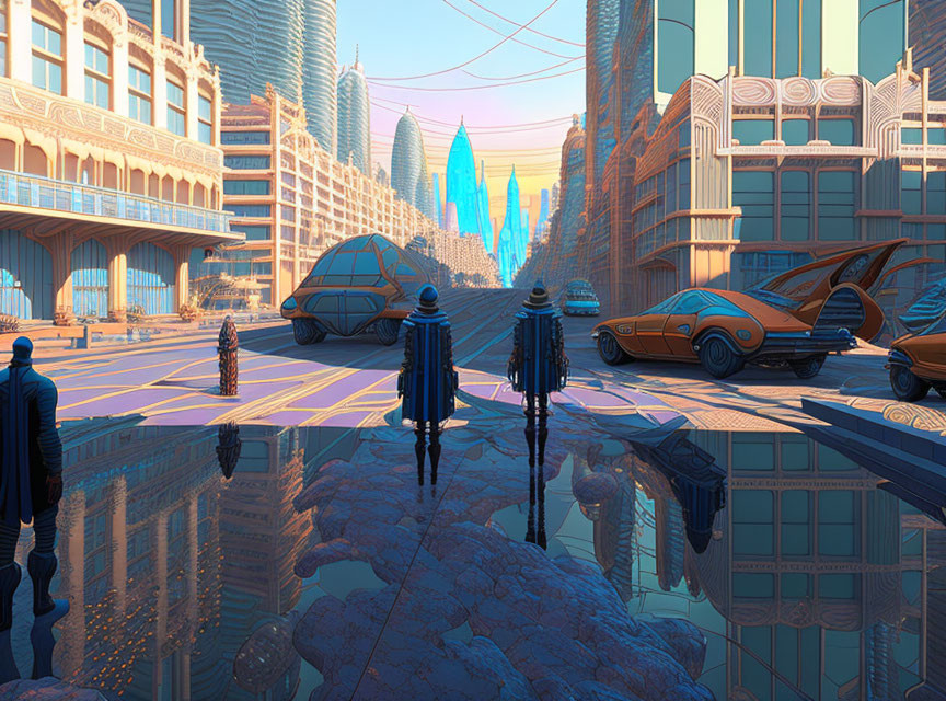 Futuristic cityscape with people, cars, and ornate buildings on reflective surface