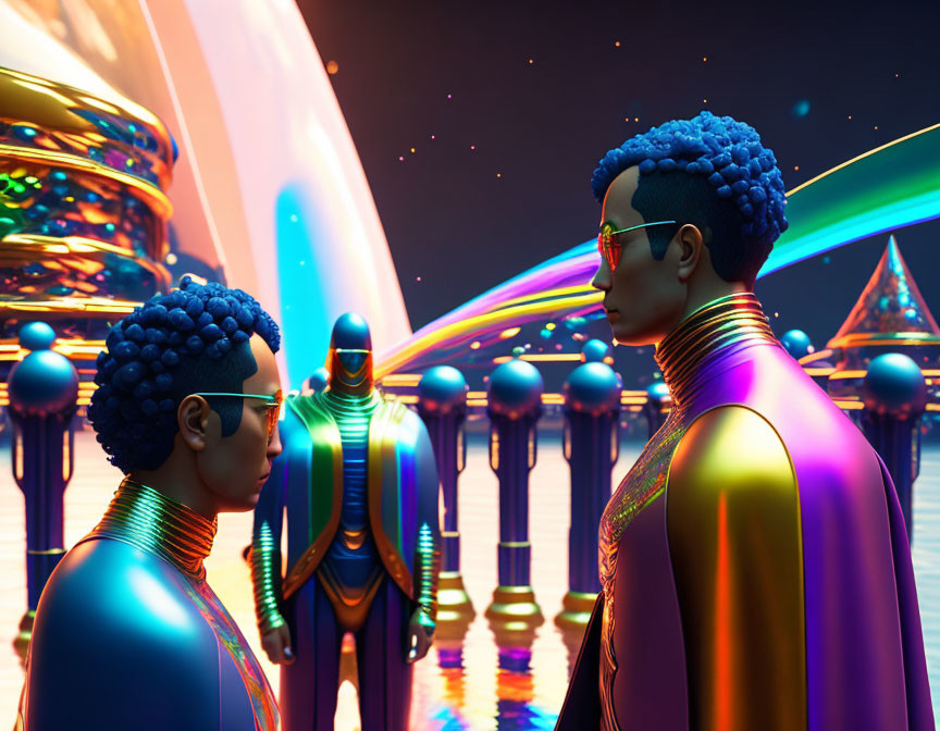 Futuristic individuals in iridescent suits with blue hair in neon-lit fantasy environment