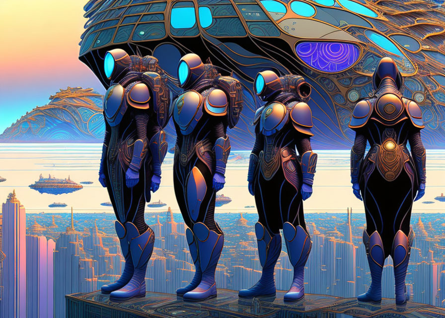 Four futuristic armored figures in vibrant cityscape with floating ships and golden sky