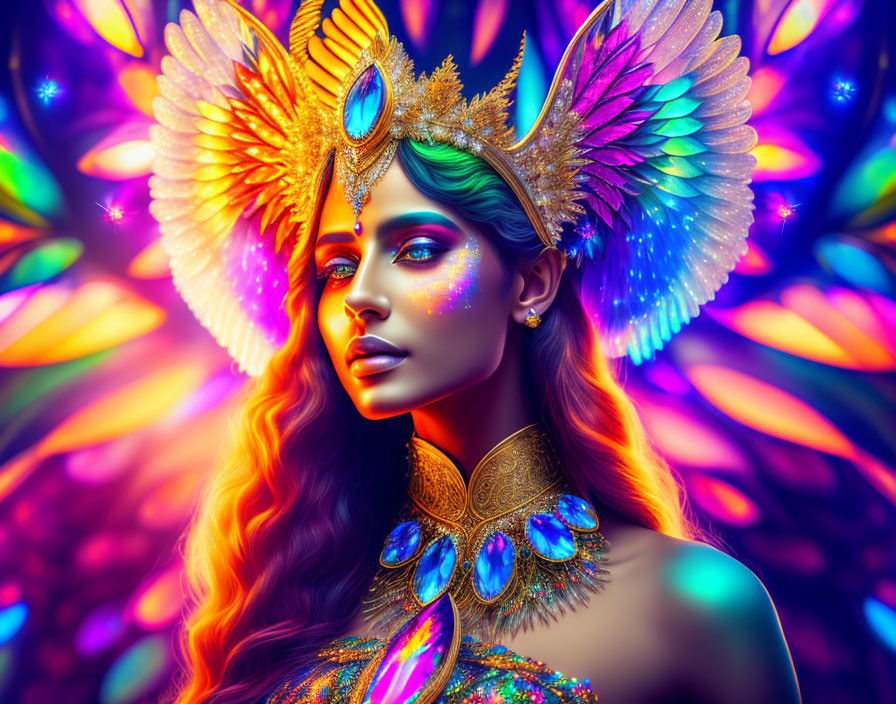 Colorful portrait of a woman with iridescent makeup and peacock feather accessories