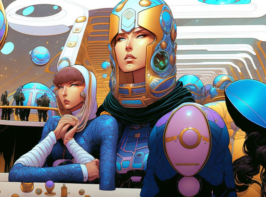 Futuristic female characters in space suits with advanced city backdrop