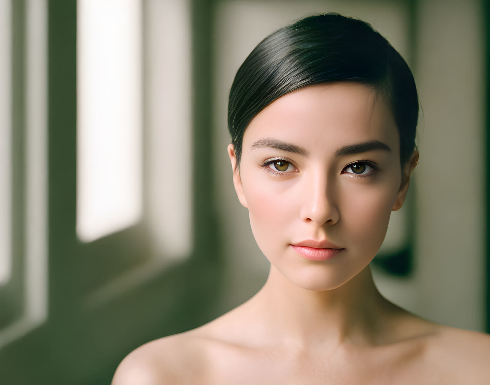 Sleek-haired woman portrait against soft background