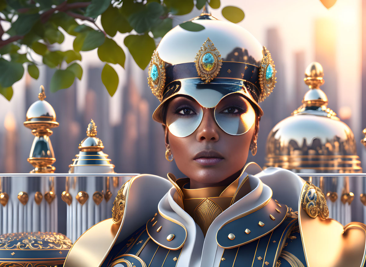 Ornate gold-and-blue uniform with jewels against golden domes and skyscrapers