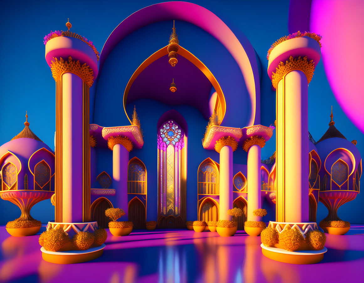 Colorful Arabian-style palace interior with arches, domes, and stained glass window at twilight