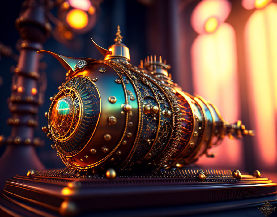 Ornate brass steampunk-style telescope on warm blurred background