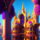 Fantastical castle with golden spires and purple trees under blue sky.