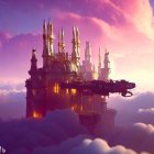 Golden castle on fluffy clouds at sunset sky with pink and purple hues