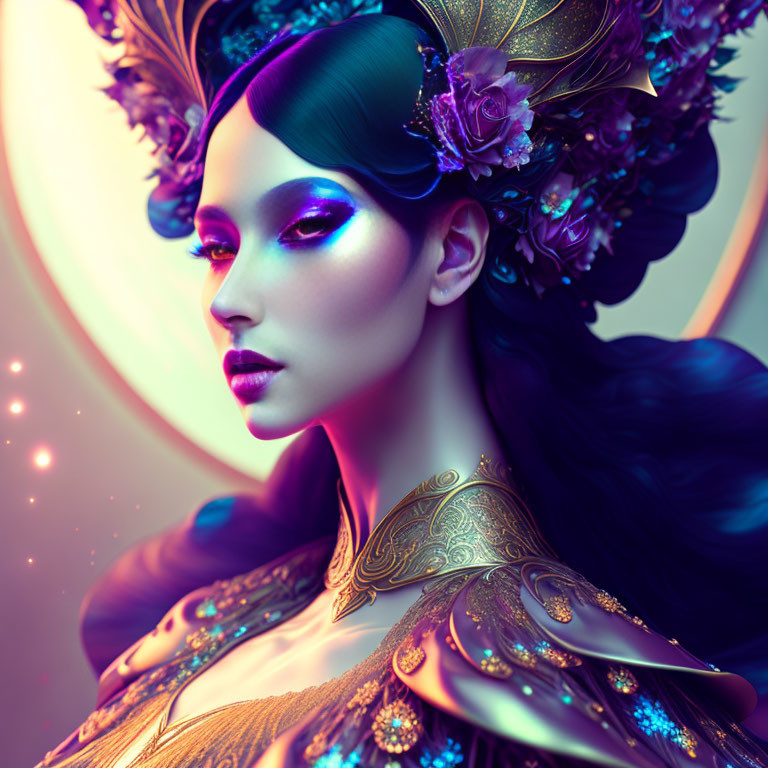 Vibrant purple makeup and gold headpiece on mystical woman.