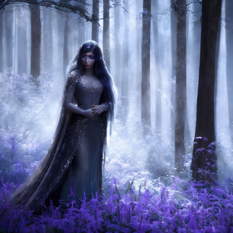 Mystical figure in dark gown in enchanted forest with purple flowers