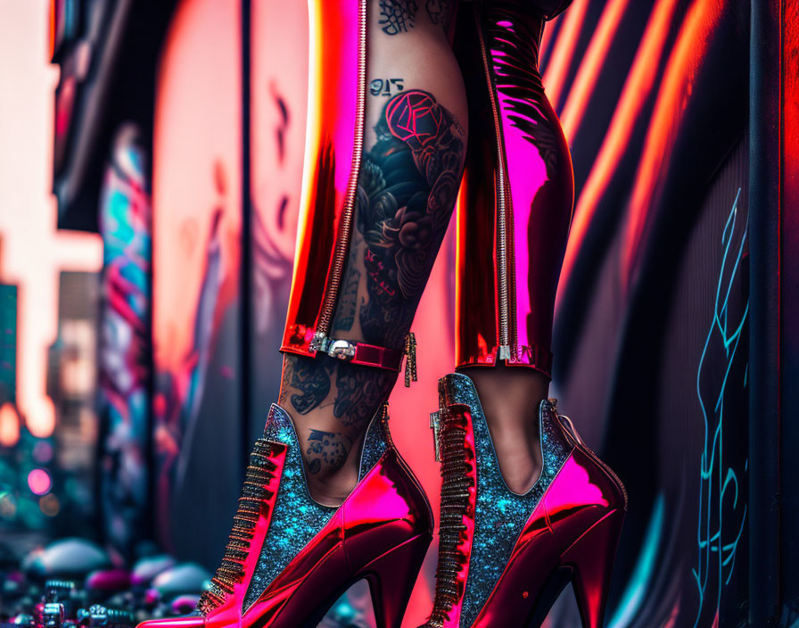 Detailed view of vinyl pants, high heels, and intricate tattoos under neon lights