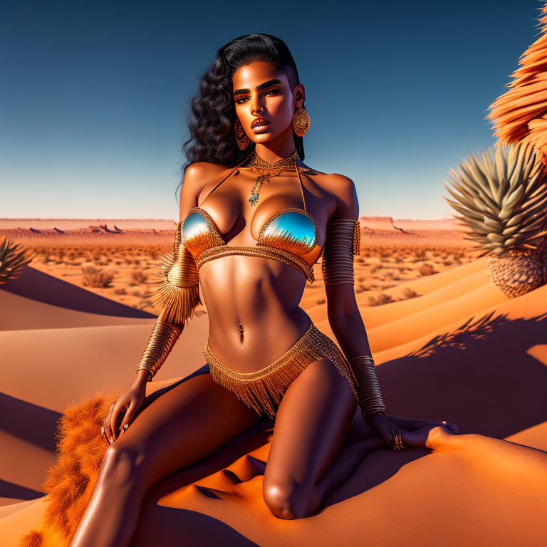 Digital illustration: Woman in metallic bikini on desert sand dune