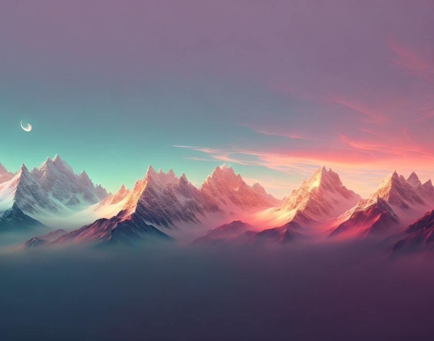 Tranquil mountain range at dusk with pink-blue sky gradient and crescent moon