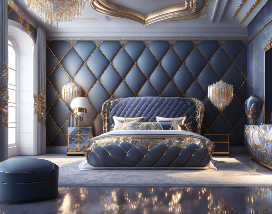 Elegant Bedroom with Blue Tufted Headboard & Gold Accents