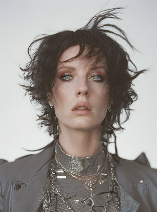 Person with Short Black Hair and Blue Eyes in Mesh Top and Leather Jacket with Chain Necklaces