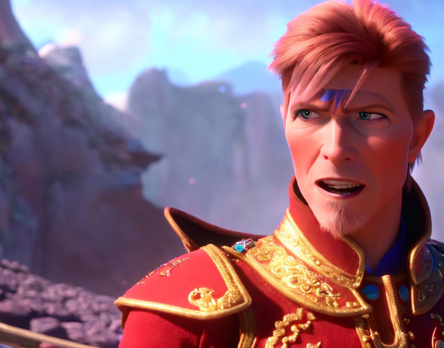 Animated character with spikey red hair in royal red uniform against rocky landscape.