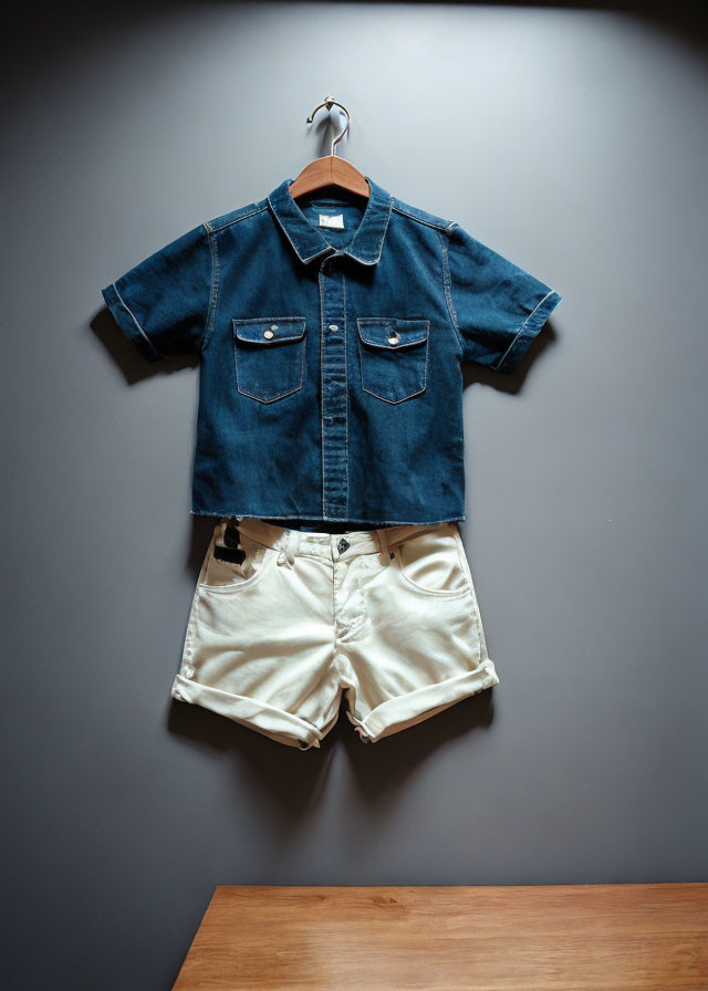 Denim shirt and beige shorts on wooden hanger against gray background