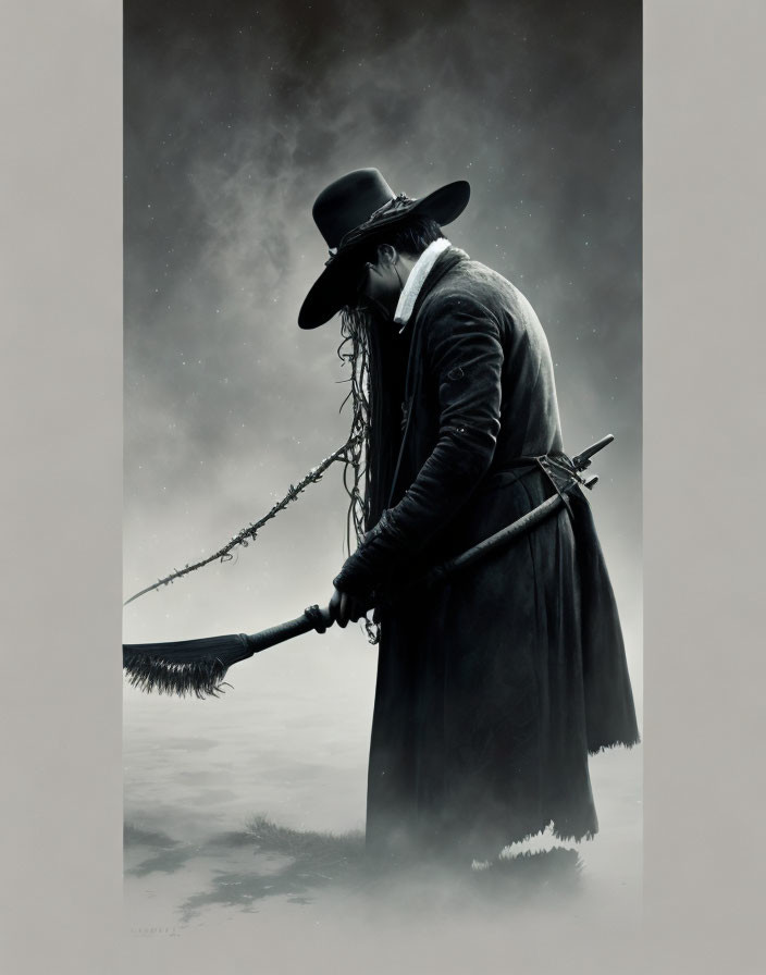 Mysterious figure with broom and sword in misty landscape