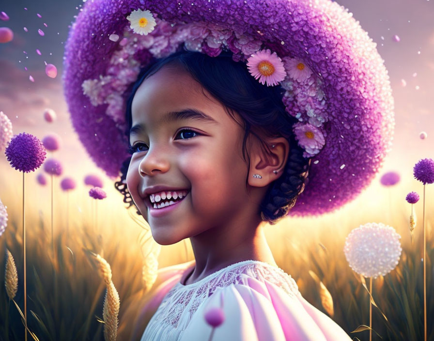 Young girl in flowery hat smiles in magical field