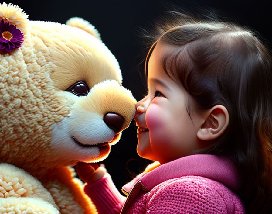 Young girl in pink jacket smiles with large teddy bear