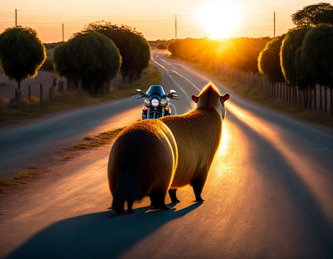 Exaggerated large capybara on road at sunset with motorcycle and trees