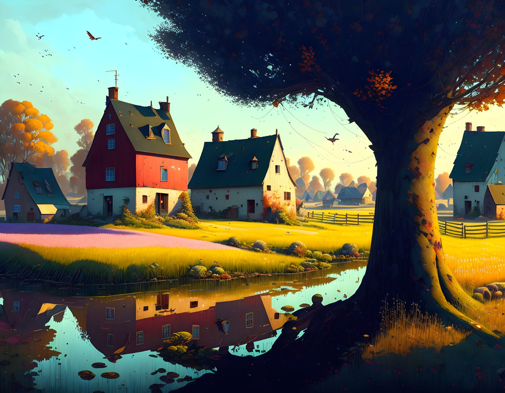 Colorful Houses, Tree, Pond, Birds: Sunset Countryside Scene