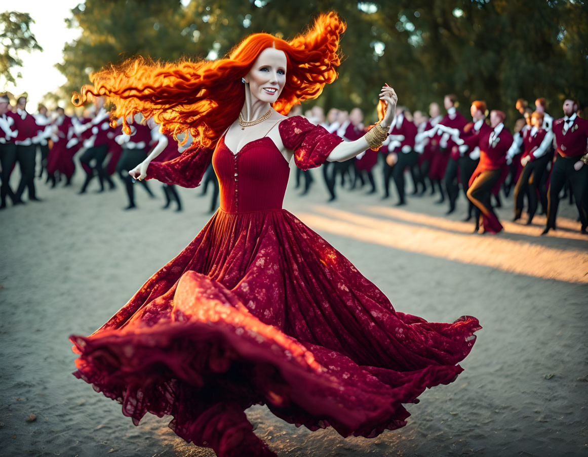 Red-haired woman in burgundy dress dancing at golden hour