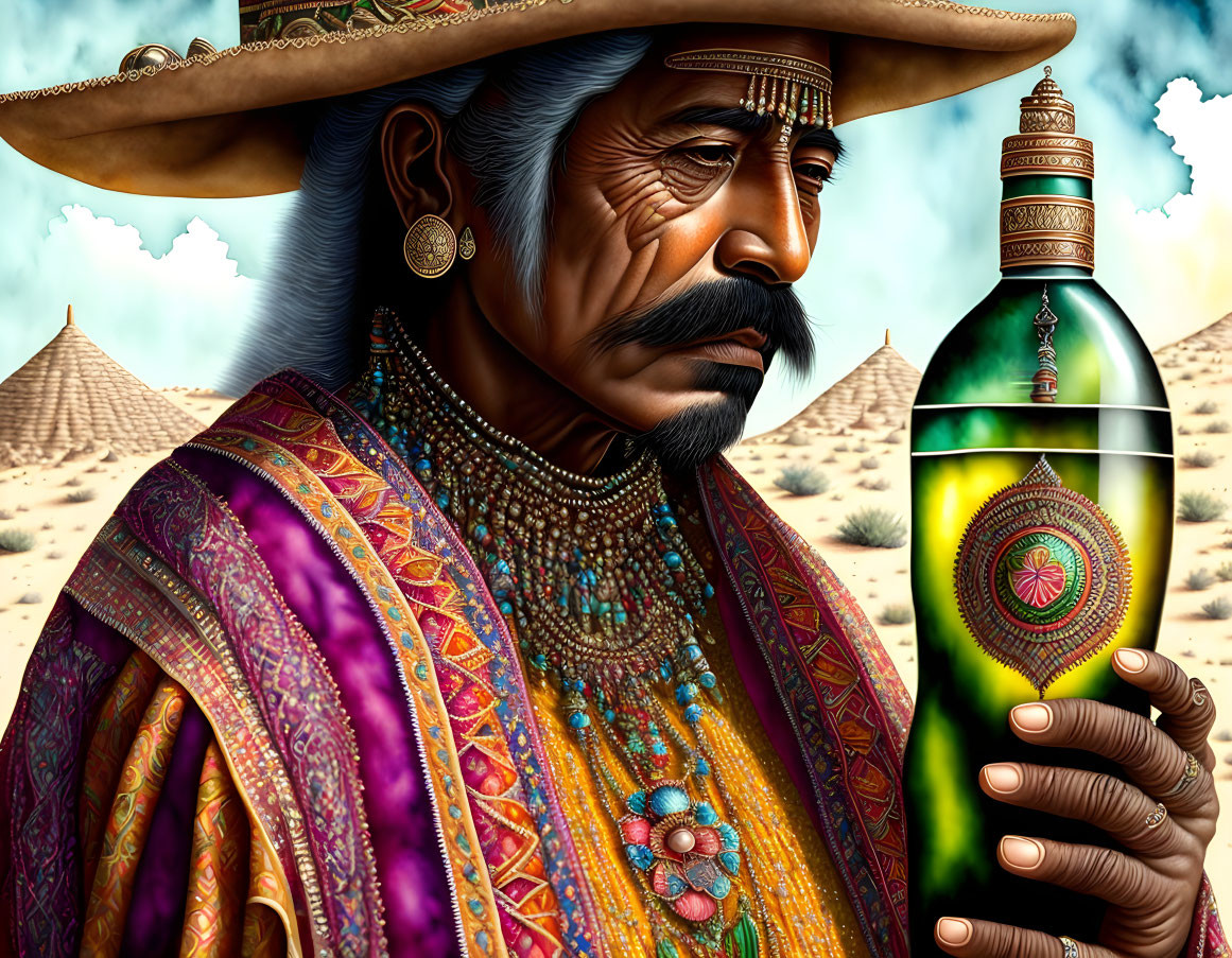 Man in sombrero holding bottle with desert pyramids