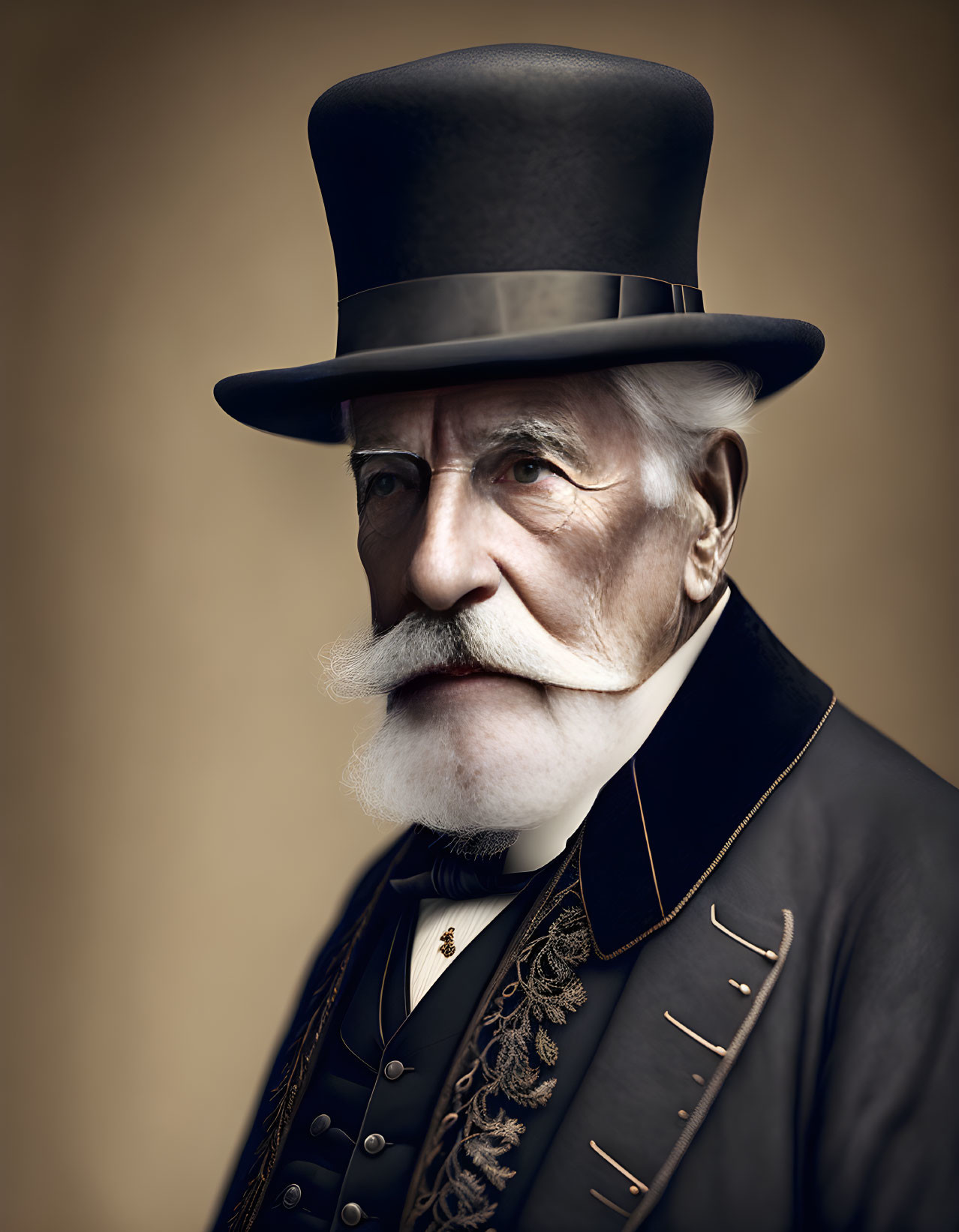 Sophisticated elderly man in top hat and suit with a white mustache