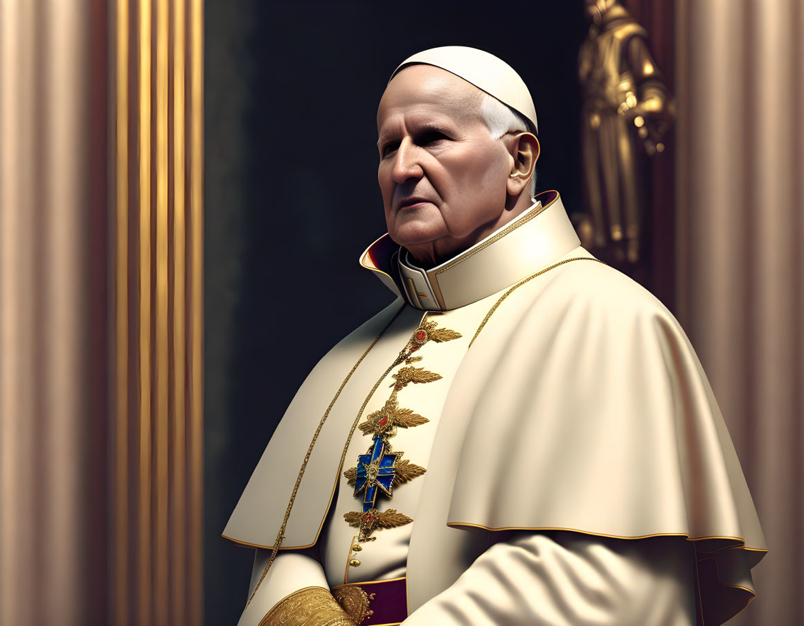 3D digital illustration of man in papal attire with pectoral cross